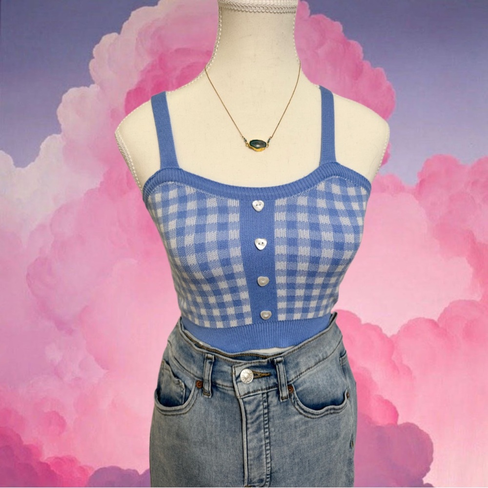 light blue gingham tank with white heart buttons 💙 ☁️